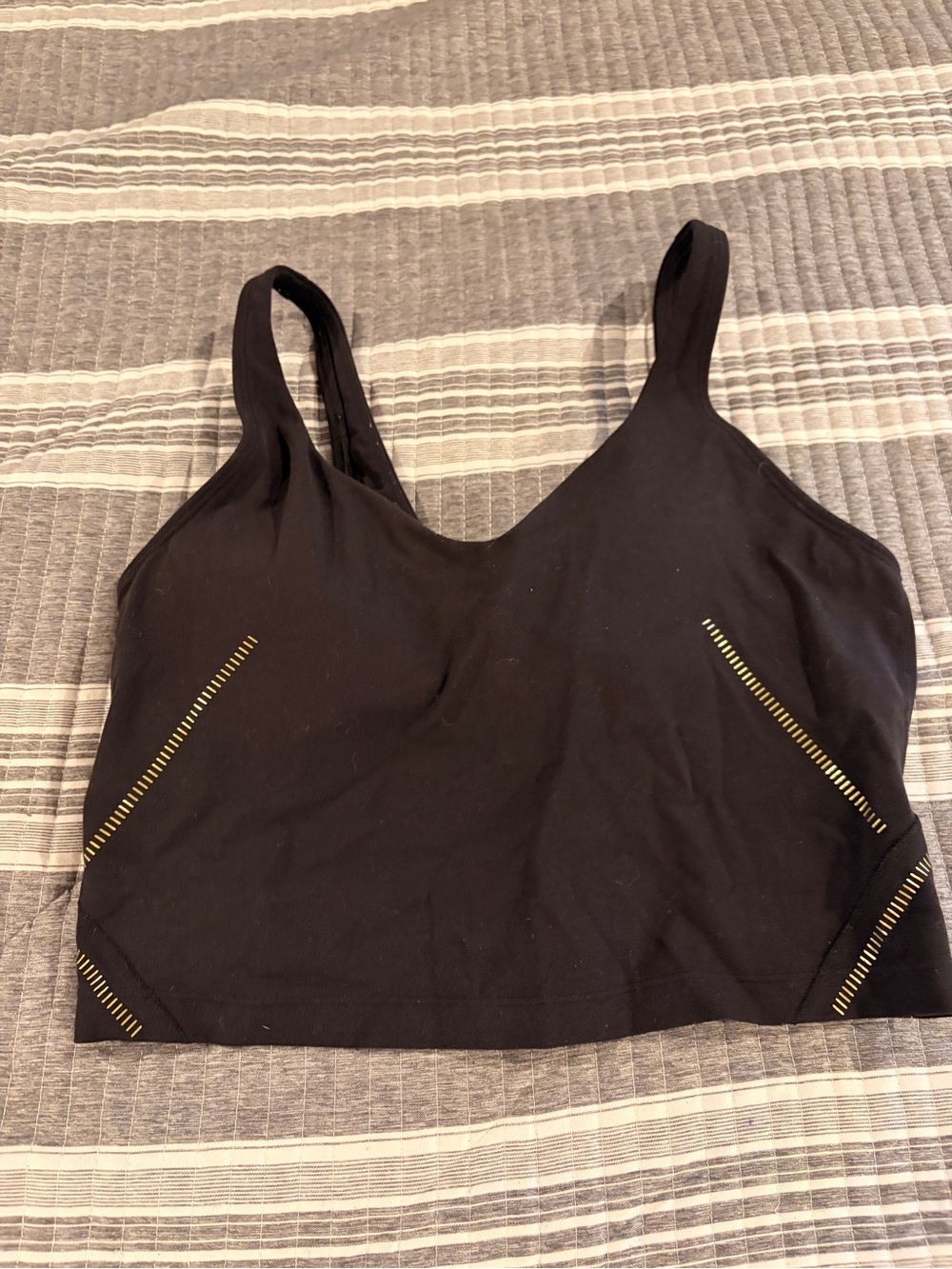 NWOT Lululemon Women’s Size 8 Black Athletic Crop Sports Bra with Gold Stitching